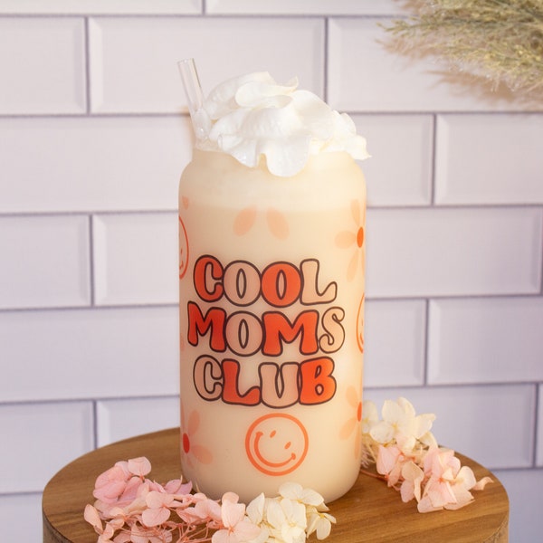 Cool Moms Club Iced Coffee Cup, Glass Can, Cup with lid, Cup with Straw, Reusable Glass Straw, Bamboo Lid