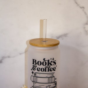 Books & Coffee Iced Coffee Cup, Book Glass Can, Iced Coffee Cup with Lid and Straw, Reusable Glass Straw, Book Lovers Gift, Book Lovers Gift image 3