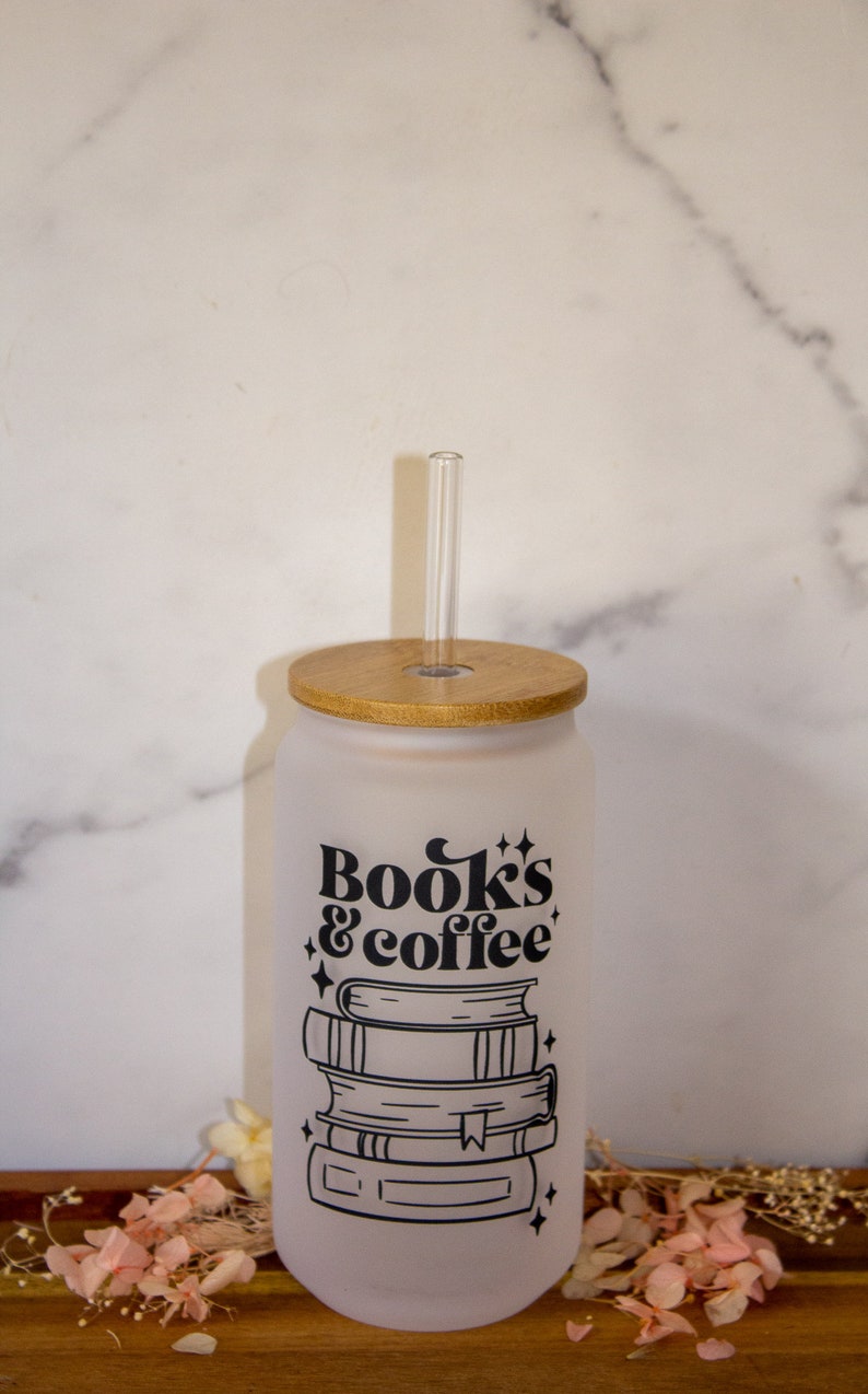 Books & Coffee Iced Coffee Cup, Book Glass Can, Iced Coffee Cup with Lid and Straw, Reusable Glass Straw, Book Lovers Gift, Book Lovers Gift image 3