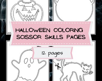 Halloween Themed 12 druckbare Bündel Scissor Geschicklichkeit Ausmalseiten für Kleinkinder, Kinder und Eltern | Nicht beängstigend, Spaß, Niedlich, Einfach