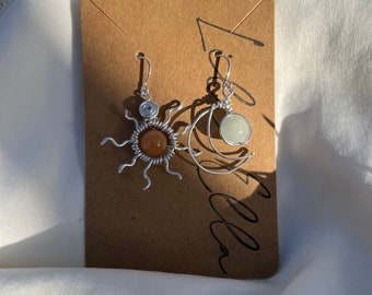 Wire wrapped crystal sun and moon earrings