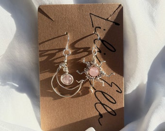 Wire wrapped crystal sun and moon earrings