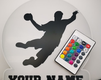Lampe de handball personnalisable avec silhouette LED + nom | Cadeau pour les joueurs de handball | Télécommande radio avec 16 couleurs | imprimé en 3D