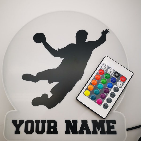 Personalisierbare Handball Lampe mit LED Silhouette + Name | Geschenk für Handballer  | Funkfernbedienung mit 16 Farben | 3D gedruckt