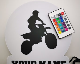 Personalisierbare Motorcross Lampe mit LED Silhouette + Name | Geschenk für Fahrer und Fans  | Funkfernbedienung mit 16 Farben | 3D gedruckt