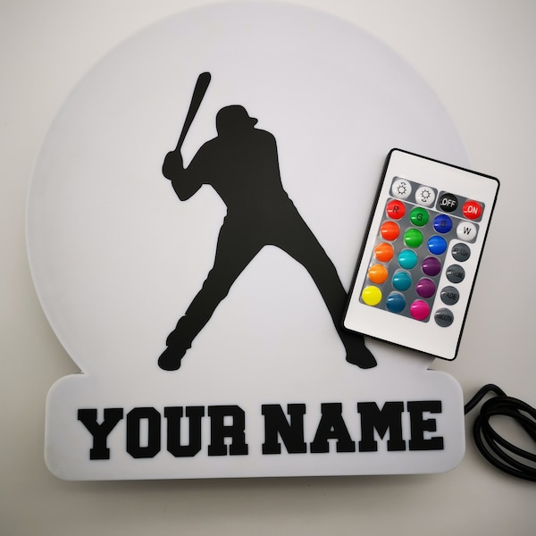 Personalizable baseball lamp with LED silhouette + name | Gift for Baseball Player | Radio remote control with 16 colors | 3D printed