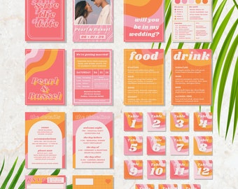 Retro Pink Wedding Invitation Set | Bright Funky Custom Canva Template | Colorful Bohemian Digital Download | Bold Eclectic Invite Print