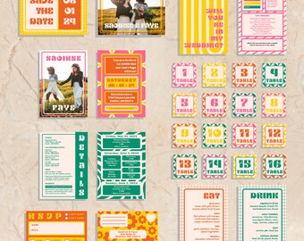Bright Canva Wedding Invitation Set | Digital Download Print | Custom Invite Template | Colorful Bold Vibrant Funky Retro Eclectic Bohemian
