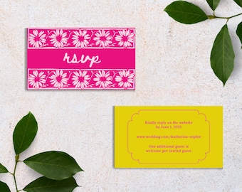 Bright Pink & Yellow Wedding RSVP Card | Canva Design Template Bold Colorful Funky Unique Maximal Whimsical Creative Custom Invitation