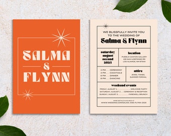Convite colorido do casamento | Design de papelaria original Funky máximo brilhante alaranjado profundo do tom da jóia | Modelo Canva de personalização criativa