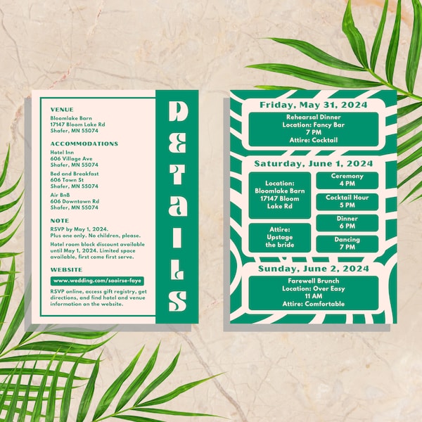 Green Wedding Details Card | Digital Download Print | Custom Canva Invite Template | Colorful Bold Vibrant Funky Retro Bohemian