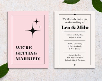 Convite do casamento do rosa Pastel de <br> Entrega Rápida? O vintage retro convida o papel de carta | Modelo de Canva customizável, colorido e ousado e em negrito
