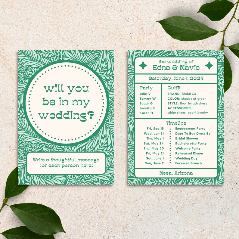 May include: A green and white wedding invitation with a floral design. The invitation says "Will you be in my wedding?" and includes a list of wedding events with dates. The wedding is for Edna and Mavis and will take place on 1 June 2024 in Mesa, Arizona.