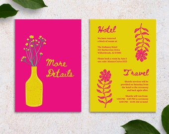 Bright Pink & Yellow Wedding Details Card | Canva Design Template Bold Colorful Funky Unique Maximal Whimsical Creative Custom Invitation