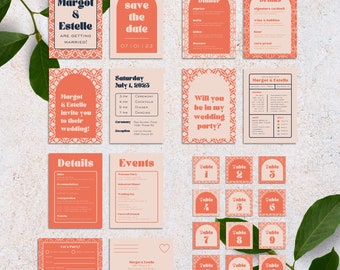 Bright Pastel Peach-Orange Wedding Invitation Set | Retro Vintage Invite Stationary | Funky Bold Customizable Canva Template
