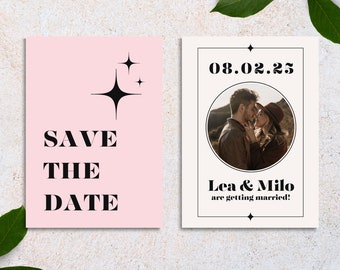 Pastel Pink Wedding Save the Date Invitation | Retro Vintage Invite Stationary Colorful Funky Bold Whimsical Customizable Canva Template
