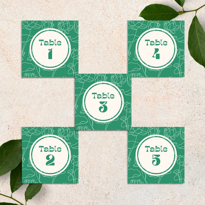 May include: Five green table number cards with white floral designs and white circles with the text "Table" and a number from 1 to 5.