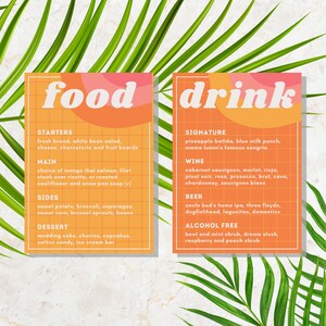 May include: A colorful menu with the words "food" and "drink" in bold, orange letters. The menu lists starters, main courses, sides, and desserts under the "food" section. The "drink" section lists signature drinks, wine, beer, and alcohol-free options.