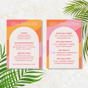 Retro roze regenboog trouwkaart met details | Heldere funky aangepaste canvassjabloon | Kleurrijke boho digitale download | Gedurfde eclectische print