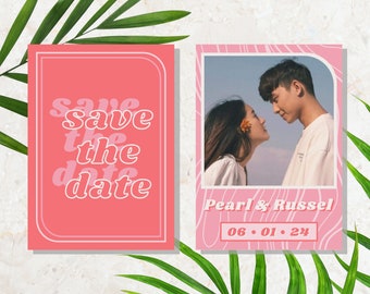 Retro Pink Canva Wedding Save the Date | Bright Funky Custom Invite Template | Colorful Bohemian Digital Download | Bold Eclectic Print