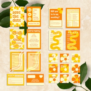Retro Yellow + Orange Wedding Invitation Set | Custom Canva Template | Bright Colorful Flower Hippie Boho Bohemian Vintage Digital Download