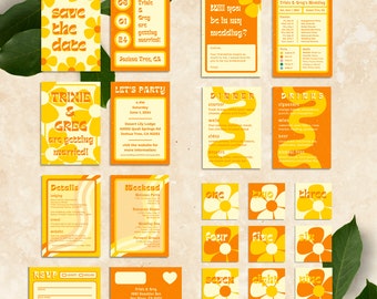 Retro Yellow + Orange Wedding Invitation Set | Custom Canva Template | Bright Colorful Flower Hippie Boho Bohemian Vintage Digital Download