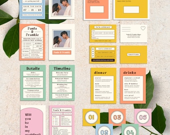 Bright Colorful Canva Wedding Invitation Set | Retro Vintage Invite Stationary | Funky Bold Typography Custom Template