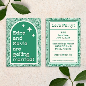 Green Canva Wedding Invitation Template Retro Floral Vintage Invite Stationary Bright Colorful Funky Garden Bold Typography Custom Design image 1