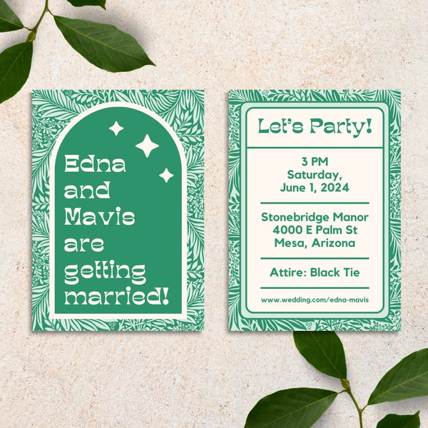 Green Canva Wedding Invitation Template | Retro Floral Vintage Invite Stationary Bright Colorful Funky Garden Bold Typography Custom Design