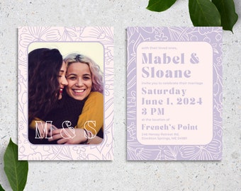 Design de convite de casamento floral roxo pastel violeta | Modelo personalizado colorido do Canva | Papelaria vintage boho de conto de fadas de jardim