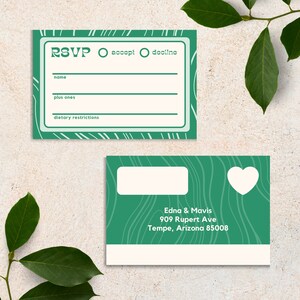 May include: Green RSVP card with a white heart and text that says "RSVP, accept, decline, name, plus ones, dietary restrictions, Edna & Mavis, 909 Rupert Ave, Tempe, Arizona 85008".