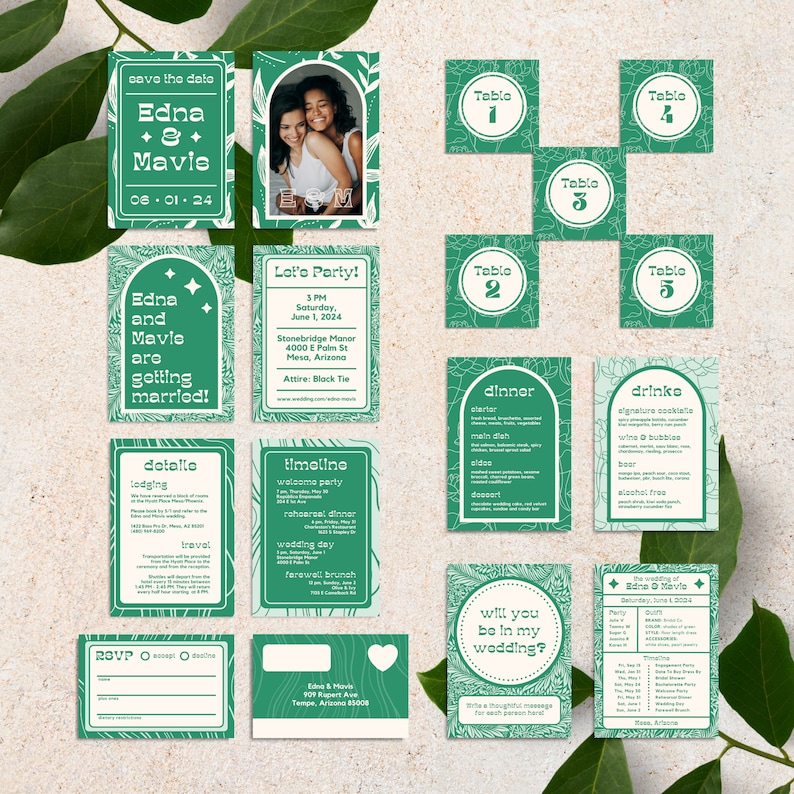 May include: A green and white wedding invitation suite featuring floral designs. The invitation includes the names Edna and Mavis, the date 1st June 2024, and the location Stonebridge Manor, Mesa, Arizona. The invitation also includes a timeline of events, lodging information, and RSVP details.