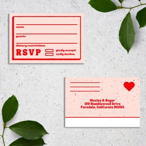 Rosa + Rote Hochzeit Antwortkarte | Retro Typografie Benutzerdefiniertes Canva Design | Bold lebendige Pastell bunte Boho Digital Download