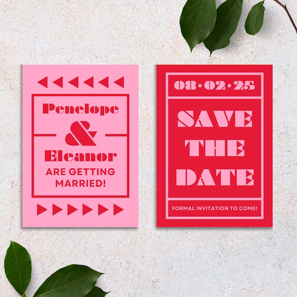 Bright Pink + Red Wedding Save the Date | Canva Design Template | Bold Colorful Funky Unique Maximal Whimsical | Creative Custom Stationary