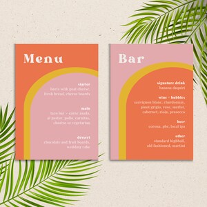 Może przedstawiać: R&oacute;żowa i pomarańczowa karta menu z ż&oacute;łtym wzorem łuku. Karta menu zawiera listę przystawek, dań gł&oacute;wnych i deser&oacute;w. Druga r&oacute;żowa i pomarańczowa karta zawiera listę opcji baru, w tym sygnowane drinki, wino, piwo i inne.