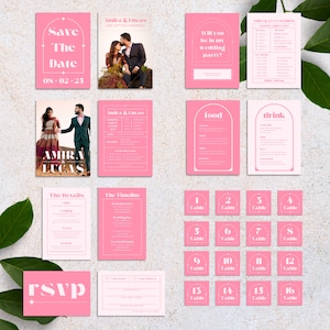 Bright Pink Wedding Invitation Set | Colorful Whimsical Fun Retro Vintage Stationary | Bold Funky Unique Design | Customize Canva Template