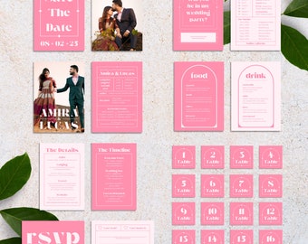 May include: Pink wedding invitation suite with a save the date card, RSVP card, details card, timeline card, food and drink menu cards, and table number cards. The save the date card features a pink arch with the text "Save the Date" and the date "08-02-25". The RSVP card features the text "RSVP" in bold white letters. The details card features the text "The Details" in bold white letters. The timeline card features the text "The Timeline" in bold white letters. The food and drink menu cards feature the text "food" and "drink" in bold white letters. The table number cards feature the numbers 1 through 16 in bold white letters.