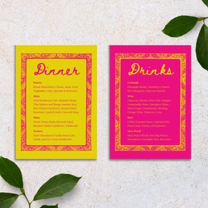 Tarjeta de menú de boda rosa brillante y amarillo / Plantilla de diseño Canva Audaz Colorido Funky Único Máximo Caprichoso Creativo Personalizado Estacionario