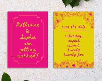Bright Pink & Yellow Wedding Save the Date | Canva Design Template Bold Colorful Funky Unique Maximal Whimsical Creative Custom Invitation