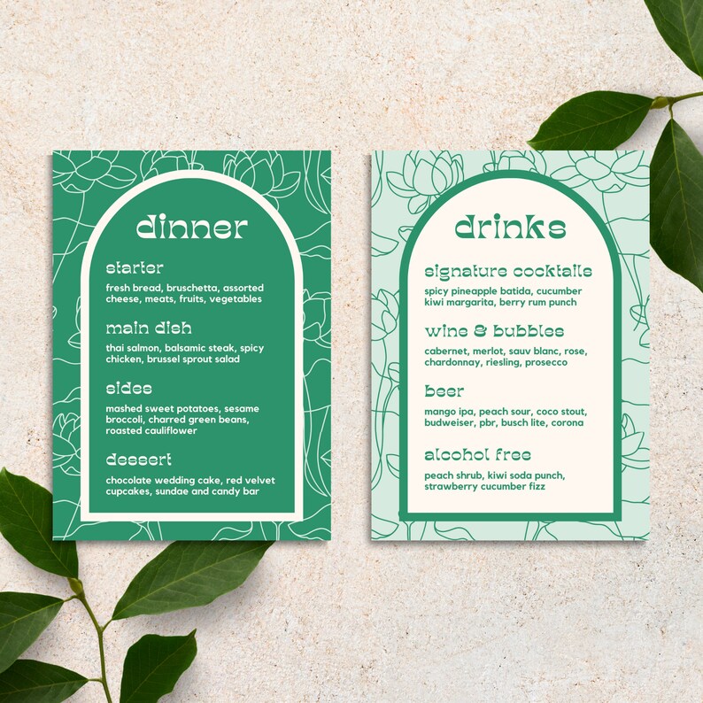 May include: A green and white wedding menu with a floral design. The menu lists dinner options, including starter, main dish, sides, and dessert. The menu also lists drinks, including signature cocktails, wine and bubbles, beer, and alcohol-free options.