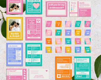 Canva Wedding Invitation Set | Digital Download Print | Custom Invite Template | Colorful Bright Retro Rainbow Eclectic Funky Maximalist
