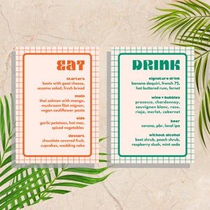 Carte de menu de mariage vert orange | Téléchargement numérique Impression | Modèle d'invitation personnalisé Canvas | Audacieux, coloré, branché, bohème rétro funky