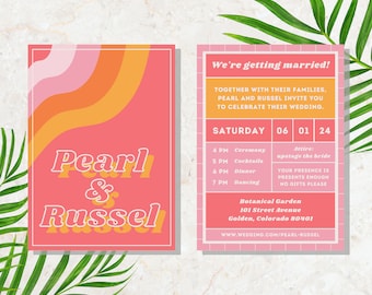 Convite de casamento retrô rosa arco-íris | Modelo de convite personalizado brilhante e descolado do Canva | Download digital colorido Boho | Impressão eclética ousada