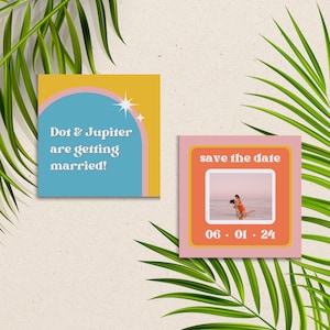 Canva Wedding Save The Date | Impression en téléchargement numérique | Modèle d&#39;invitation personnalisable | Audacieux Vibrant Pastel Arc-en-ciel Rétro Éclectique Boho