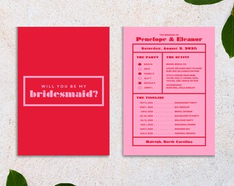 Bright Pink + Red Wedding Party Bridesmaid Invitation | Canva Design Template | Bold Colorful Funky Unique Maximal Whimsical Stationary