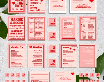 Pink + Red Wedding Invitation Set Template | Retro Typography Custom Canva Design | Bold Vibrant Pastel Colorful Bohemian Digital Download