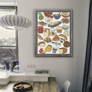 May include: A framed illustration of various breakfast foods, including pancakes, eggs, bacon, avocado, toast, and fruit. The illustration is in a cartoon style with bright colors and outlines.
