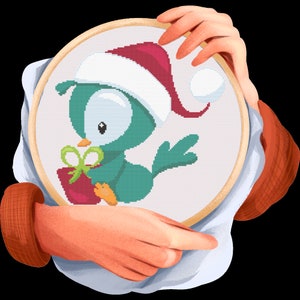 Bird w/ Present Cross Stitch Pattern - Medium Size/Skill - Holiday, Winter, Seasonal Handmade Christmas Gift - Wall Art, Ornament - 2 PDFs