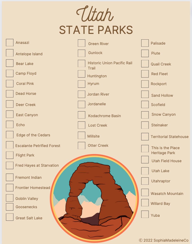Utah State Park Checklist PRINTABLE 8.5x11 Camp Poster Utah Travel Etsy
