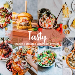 May include: A collage of images showcasing various food dishes, including a burger, salad, pancakes, and pizza. The images are arranged in a grid pattern with the word "Tasty" and the text "Mobile + Desktop Lightroom Presets" in the centre.